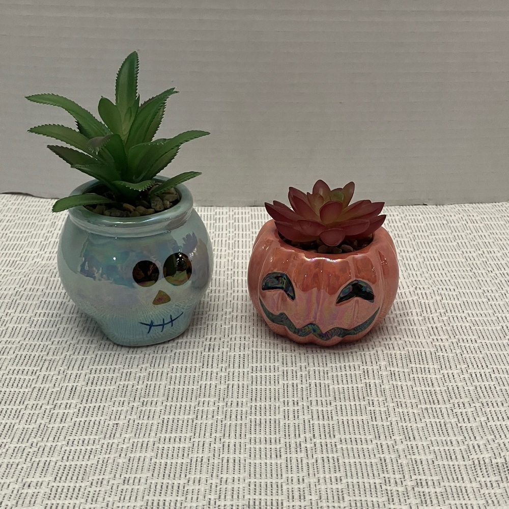 Ceramic Halloween Pumpkin & Skull succulent Planters in Pink and Iridescent Blue